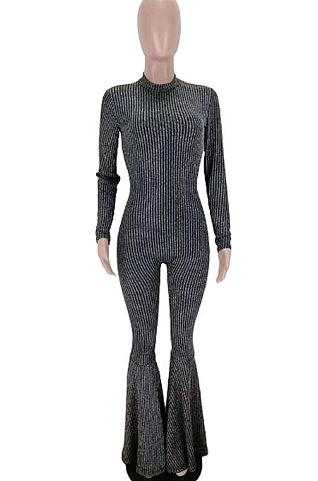 Golden Fashion Stripe Bright Side Long Sleeve O Neck Collect  Waist Plain Color Flare Jumpsuits CL6039-1