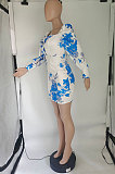 White Design Printing Bandage Puff Sleeve Slim Fitting Hip Dress SQ90085