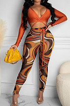 Coffee Sexy Club Long Sleeve Low-Cut  Bandage Crop Tops Printing Skinny Pants Sets S66317-2