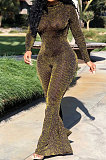 Red Fashion Stripe Bright Side Long Sleeve O Neck Collect  Waist Plain Color Flare Jumpsuits CL6039-4