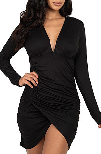 Black Night Club Sexy Long Sleeve V Neck Collect Waist Slim Fitting Ruffle Hip Dress SMR10155-5