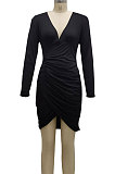 Red Night Club Sexy Long Sleeve V Neck Collect Waist Slim Fitting Ruffle Hip Dress SMR10155-1