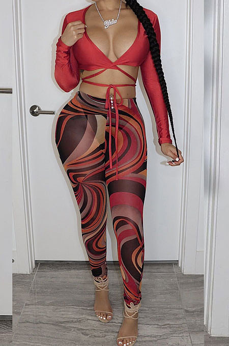 Peacock Blue Sexy Club Long Sleeve Low-Cut  Bandage Crop Tops Printing Skinny Pants Sets S66317-1