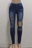 Blue Slim Fitting High Waist Hole Jean Pants SMR2508