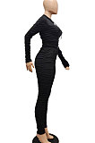 Blue Women Fashion Pure Color Ribber Ruffle Zipper Hooded Casual Pants Sets AMN8032-3