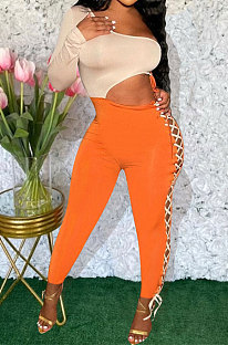 Orange Sexy Solid Color Single Sleeve Dew Waist Tied Tight Mid Waist Bodycon Jumpsuits ED1069