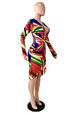 Multicolor Printing Long Sleeve Deep V Neck Bandage Sexy Hip Dress YNS1669