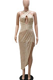 Apricot Women Sexy Party Sequins Irregular Halter Neck Mid Waist Hollow Out Tight Midi Dress CCY9290-1