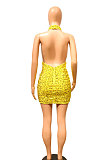 Yellow Euramerican Women Sexy Club Backless Perspectivity Sequins Crop Hip Mini Dress CCY9322-1