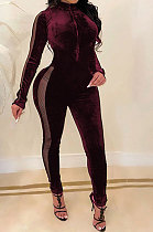 Purplish Red Women Korea Velvet Thick Sexy Gridding Spliced High Waist Bodycon Jumpsuits BYQ1039-3