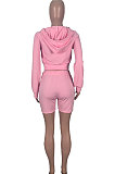 Pink Wholesale Women's Long Sleeve Zipper Hooded Tops Shorts Solid Color Sport Sets MOM8042-2