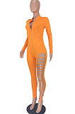 Orange Women Pure Color Sexy Chain Long Sleeve Zipper Hollow Out Bodycon Jumpsuits ED1065-3