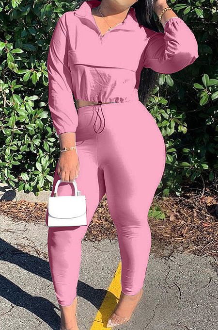 Pink Casual New Long Sleeve Zipeer Loose Tops Skinny Pants Plain Color Sets MOM8029-7