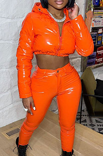 Orange Winter PU Long Sleeve Hooded Cotton Padded Crop Coat LA3295-4