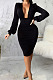 Black Fashion New Long Sleeve Deep V Neck Collect Waist Bodycon Dress SMR10587-1