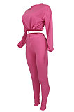 Rose Red Women Long Sleeve Round Collar Solid Color Fashion Dew Waist Drawsting Pants Sets BYQ1035-1