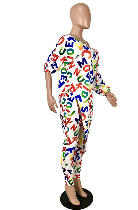 White Fashion Letter Printing Long Sleeve Oblique Shoulder Irregularity Tops Trousers Sets YNS1672