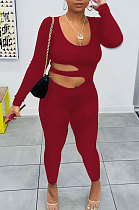 Wine Red Euramerican Women Solid Color Dew Waist Sexy High Waist Bodycon Jumpsuits BYQ1037-2