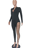 Orange Women Pure Color Sexy Chain Long Sleeve Zipper Hollow Out Bodycon Jumpsuits ED1065-3