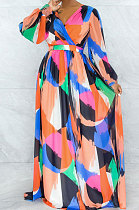 Multicolor Printing New Long Sleeve V Neck Slim Fittting Swing Long Dress YNS1670