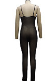 Black Sexy Mesh See-Through Condole Belt Slim Fitting Jumpsuits SMR10540-2