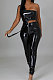 Black Women's Lether Sleeveless Strapless Skinny Pants Slim Fitting Two-Piece LA3296-1
