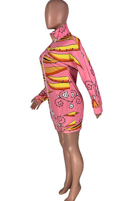 Pink Design Printing Long Sleeve Zip Front Slim Fitting Hip Dress MOM8025