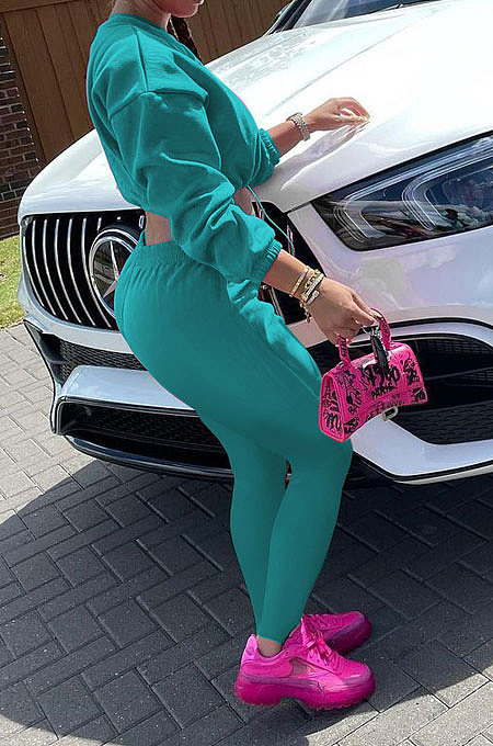 Black Women Long Sleeve Round Collar Solid Color Fashion Dew Waist Drawsting Pants Sets BYQ1035-2