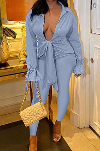 Light Grey Blue New Ruffle Sleeve Lapel Neck Shirts Skinny Pants Solid Color Sets PQ8062