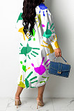 White Women Trendy Lower Hem Drawsting Palm Printing Single-Breasted Turn-Down Collar T Shirt/Shirt Dress GHH072