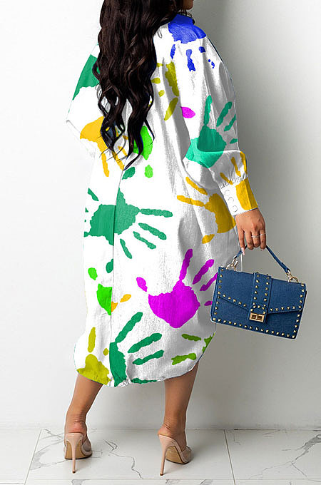 White Women Trendy Lower Hem Drawsting Palm Printing Single-Breasted Turn-Down Collar T Shirt/Shirt Dress GHH072
