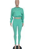 Rose Red Women Pure Color Long Sleeve Fashion Sexy Dew Waist Hooded Tops Sport Pants Sets ED8534-3