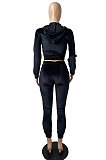 Grey Brown High Quality Velvet Long Sleeve Hoodie Tops Skinny Pants Plain Color Sets YLY128-3