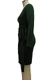 Green High Quality Long Sleeve V Neck Slim Fitting Plain Color Business Dress SMR10276-1