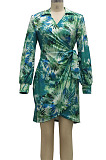 Green Night Club Digital Printing Long Sleeve V Neck Slim Fitting Hip Dress SMR10585-1