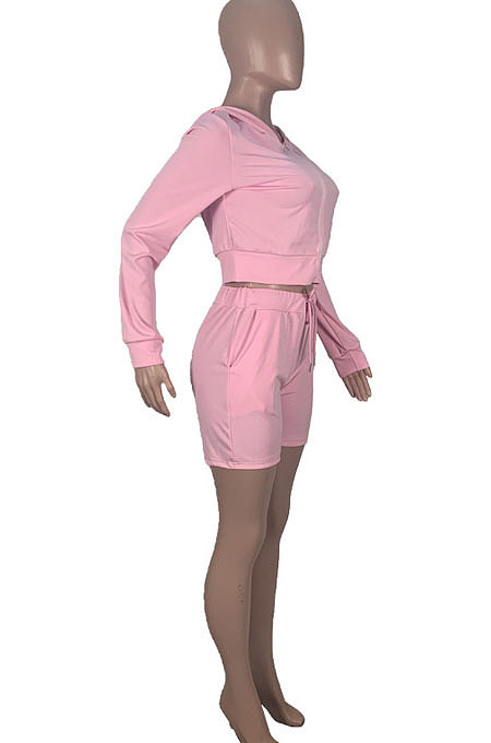 Pink Wholesale Women's Long Sleeve Zipper Hooded Tops Shorts Solid Color Sport Sets MOM8042-2
