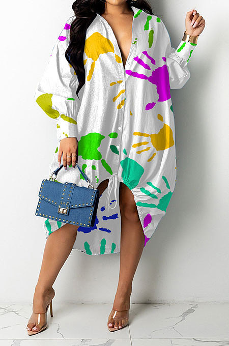 White Women Trendy Lower Hem Drawsting Palm Printing Single-Breasted Turn-Down Collar T Shirt/Shirt Dress GHH072