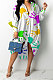 White Women Trendy Lower Hem Drawsting Palm Printing Single-Breasted Turn-Down Collar T Shirt/Shirt Dress GHH072