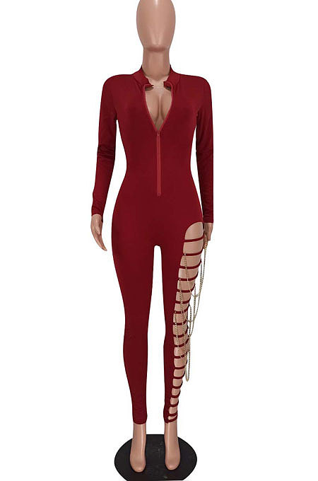 Black Women Pure Color Sexy Chain Long Sleeve Zipper Hollow Out Bodycon Jumpsuits ED1065-1