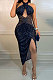 Dark Blue Women Sexy Party Sequins Irregular Halter Neck Mid Waist Hollow Out Tight Midi Dress CCY9290-3
