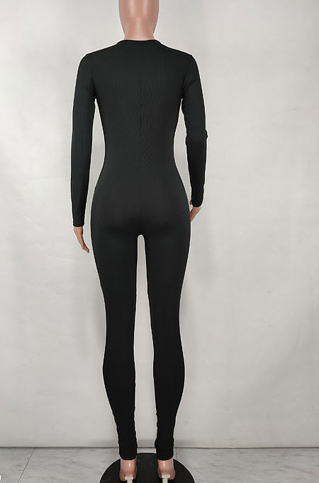 Black Women Sexy Deep V Collar Pure Color Bodycon Jumpsuits BYQ1036-1