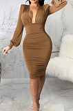 Leopard Printing Fashion New Long Sleeve Deep V Neck Collect Waist Bodycon Dress SMR10587-4