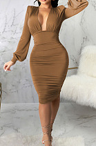 Brown Fashion New Long Sleeve Deep V Neck Collect Waist Bodycon Dress SMR10587-2