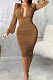 Brown Fashion New Long Sleeve Deep V Neck Collect Waist Bodycon Dress SMR10587-2