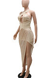 Apricot Women Sexy Party Sequins Irregular Halter Neck Mid Waist Hollow Out Tight Midi Dress CCY9290-1