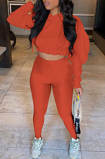 Orange Women Pure Color Long Sleeve Fashion Sexy Dew Waist Hooded Tops Sport Pants Sets ED8534-2