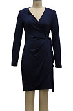 Green High Quality Long Sleeve V Neck Slim Fitting Plain Color Business Dress SMR10276-1