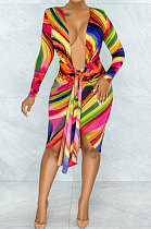 Multicolor Printing Long Sleeve Deep V Neck Bandage Sexy Hip Dress YNS1669