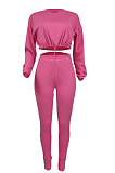 Rose Red Women Long Sleeve Round Collar Solid Color Fashion Dew Waist Drawsting Pants Sets BYQ1035-1