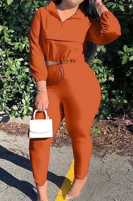 Orange Casual New Long Sleeve Zipeer Loose Tops Skinny Pants Plain Color Sets MOM8029-1